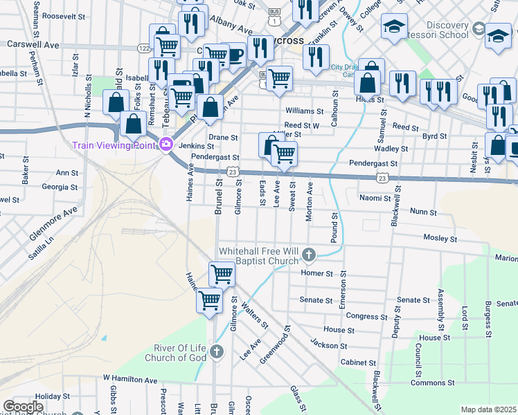 map of restaurants, bars, coffee shops, grocery stores, and more near 508 Howe Street in Waycross