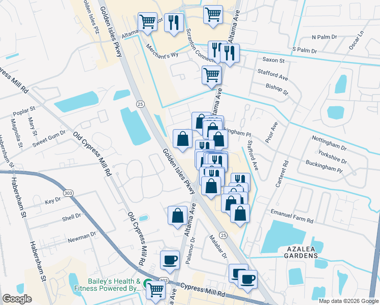 map of restaurants, bars, coffee shops, grocery stores, and more near 58 Altama Avenue in Brunswick