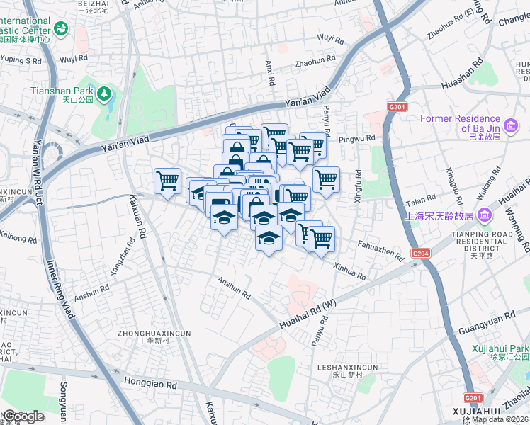 map of restaurants, bars, coffee shops, grocery stores, and more near Fahuazhen Road in Shanghai