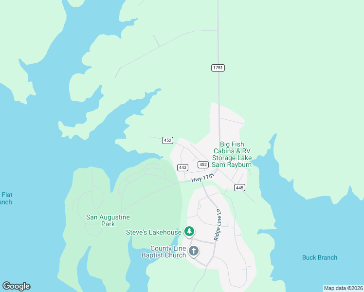 map of restaurants, bars, coffee shops, grocery stores, and more near County Road 452 in San Augustine County