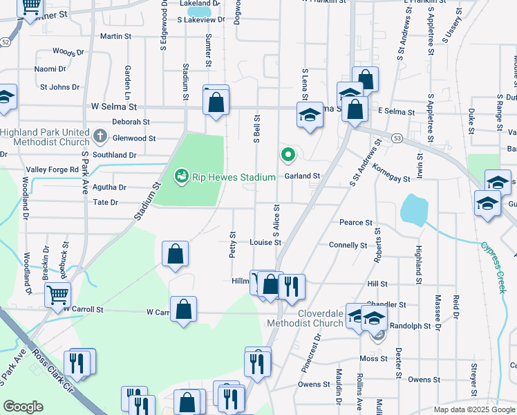 map of restaurants, bars, coffee shops, grocery stores, and more near 901 Tate Drive in Dothan
