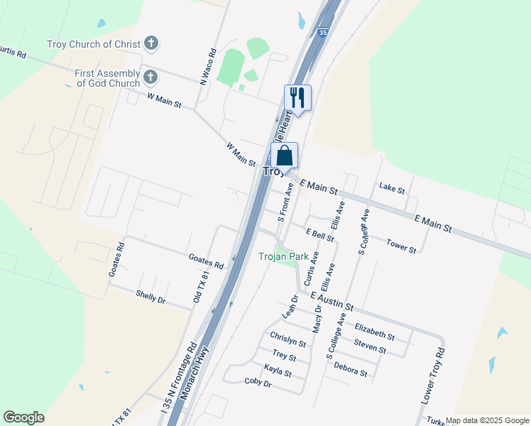 map of restaurants, bars, coffee shops, grocery stores, and more near 201 South Central Avenue in Troy