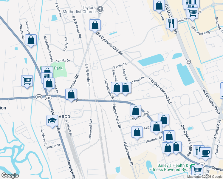 map of restaurants, bars, coffee shops, grocery stores, and more near 256 Sweet Gum Drive in Brunswick