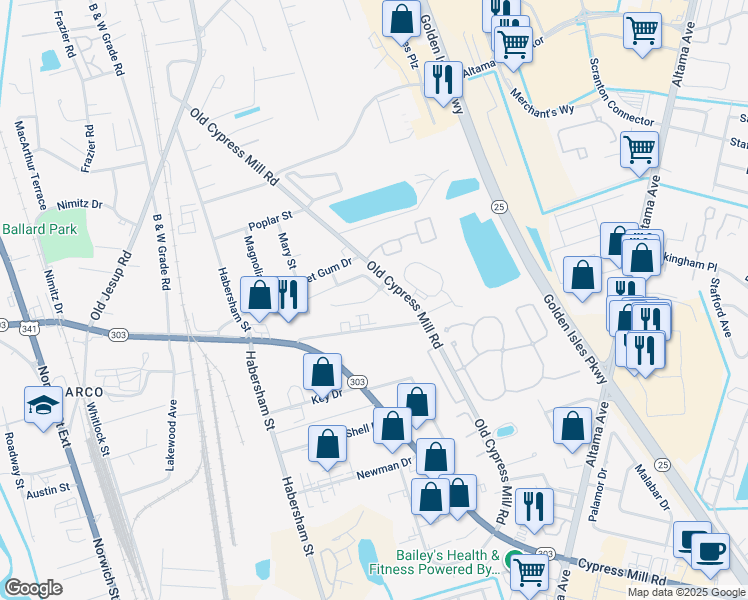 map of restaurants, bars, coffee shops, grocery stores, and more near 213 Millcrest Drive in Brunswick