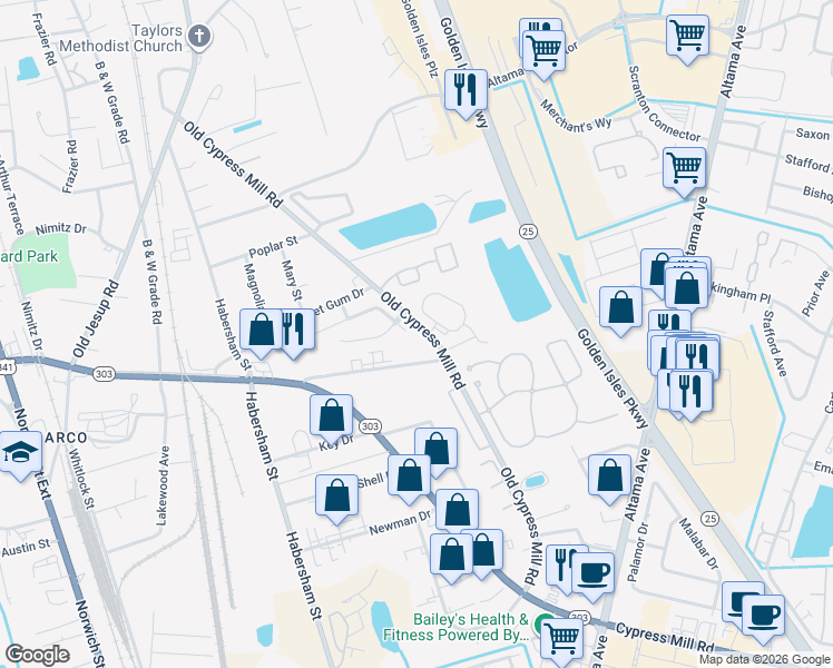 map of restaurants, bars, coffee shops, grocery stores, and more near 3056 Old Cypress Mill Road in Brunswick