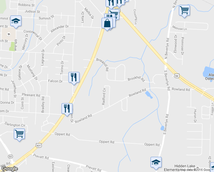 map of restaurants, bars, coffee shops, grocery stores, and more near 142 Radford Circle in Dothan