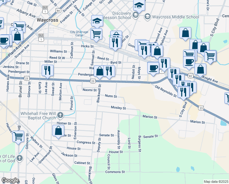 map of restaurants, bars, coffee shops, grocery stores, and more near 1207 Nunn Street in Waycross