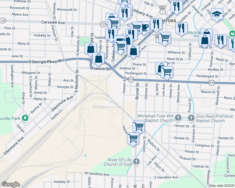 map of restaurants, bars, coffee shops, grocery stores, and more near Haines Avenue in Waycross