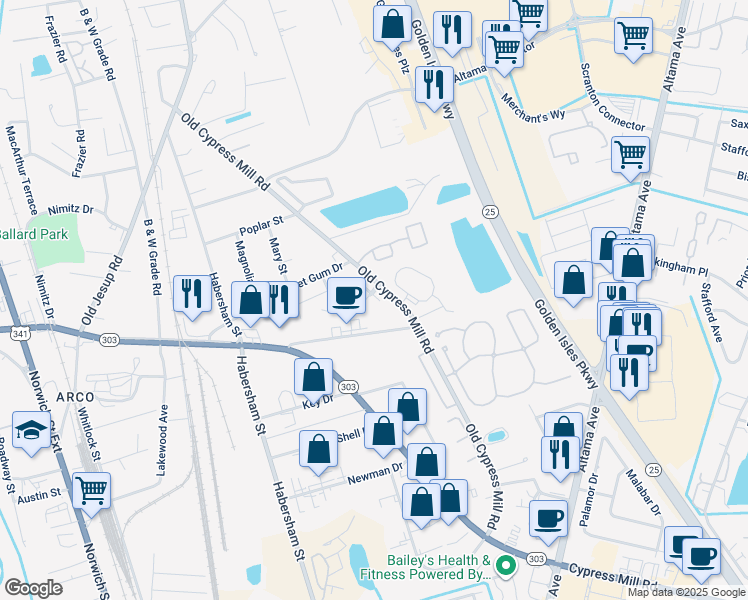 map of restaurants, bars, coffee shops, grocery stores, and more near 213 Millcrest Drive in Brunswick