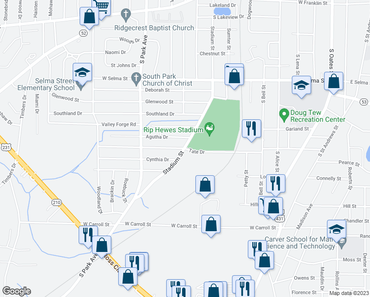 map of restaurants, bars, coffee shops, grocery stores, and more near 998 Tate Drive in Dothan