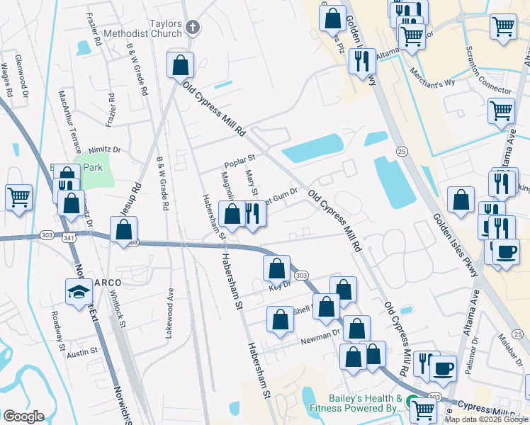 map of restaurants, bars, coffee shops, grocery stores, and more near 109 Cane Court in Brunswick