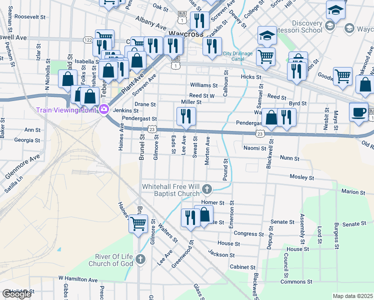 map of restaurants, bars, coffee shops, grocery stores, and more near 508 Howe Street in Waycross