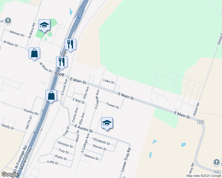map of restaurants, bars, coffee shops, grocery stores, and more near 605 East Main Street in Troy