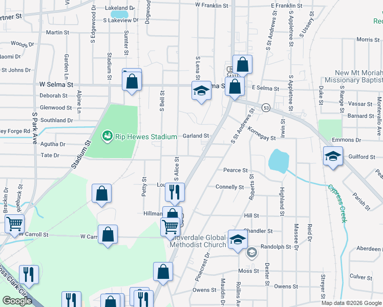 map of restaurants, bars, coffee shops, grocery stores, and more near 1524 South Oates Street in Dothan