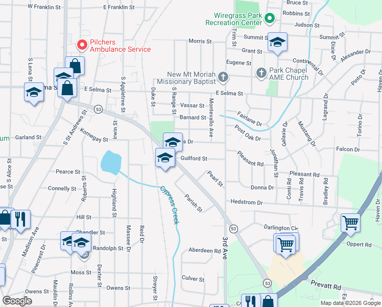 map of restaurants, bars, coffee shops, grocery stores, and more near 102 Guilford Street in Dothan