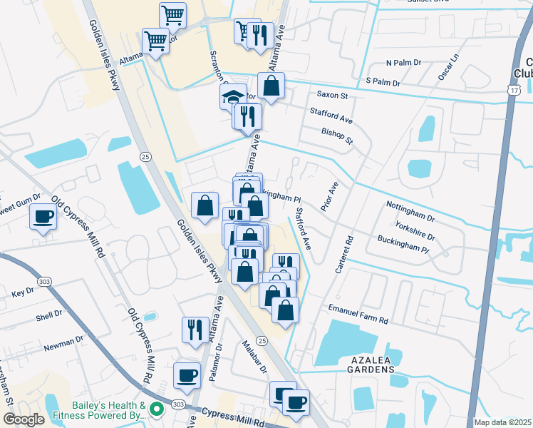 map of restaurants, bars, coffee shops, grocery stores, and more near 480 Glynn Isle in Brunswick