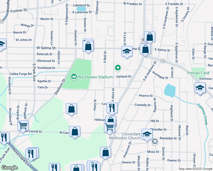 map of restaurants, bars, coffee shops, grocery stores, and more near 901 Tate Drive in Dothan