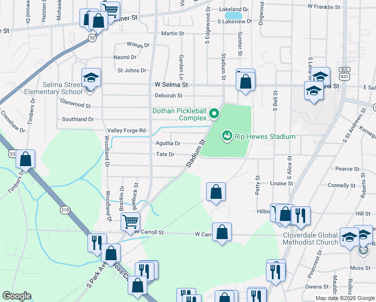 map of restaurants, bars, coffee shops, grocery stores, and more near 1000 Cynthia Drive in Dothan