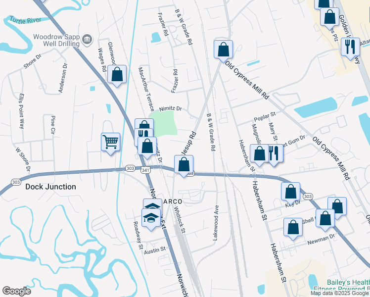 map of restaurants, bars, coffee shops, grocery stores, and more near 323 Old Jesup Highway in Brunswick