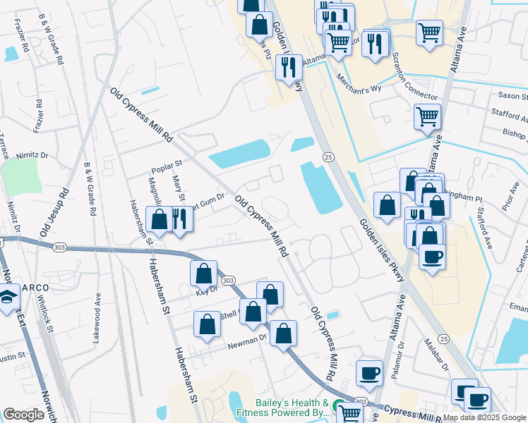 map of restaurants, bars, coffee shops, grocery stores, and more near 74 White Oak Court in Brunswick