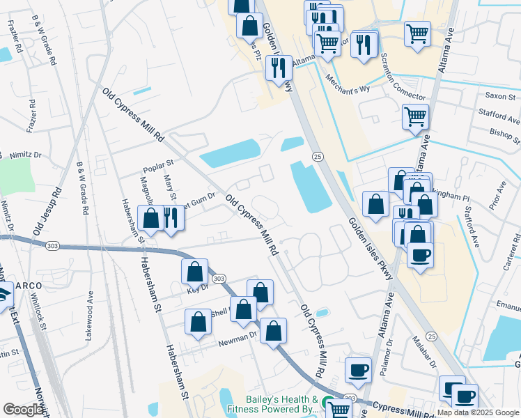 map of restaurants, bars, coffee shops, grocery stores, and more near 74 White Oak Court in Brunswick