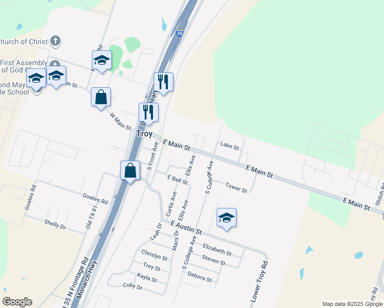 map of restaurants, bars, coffee shops, grocery stores, and more near 302 East Main Street in Troy