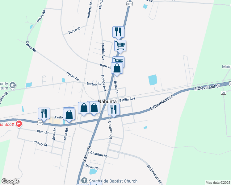 map of restaurants, bars, coffee shops, grocery stores, and more near 13856 Bryan Street in Nahunta