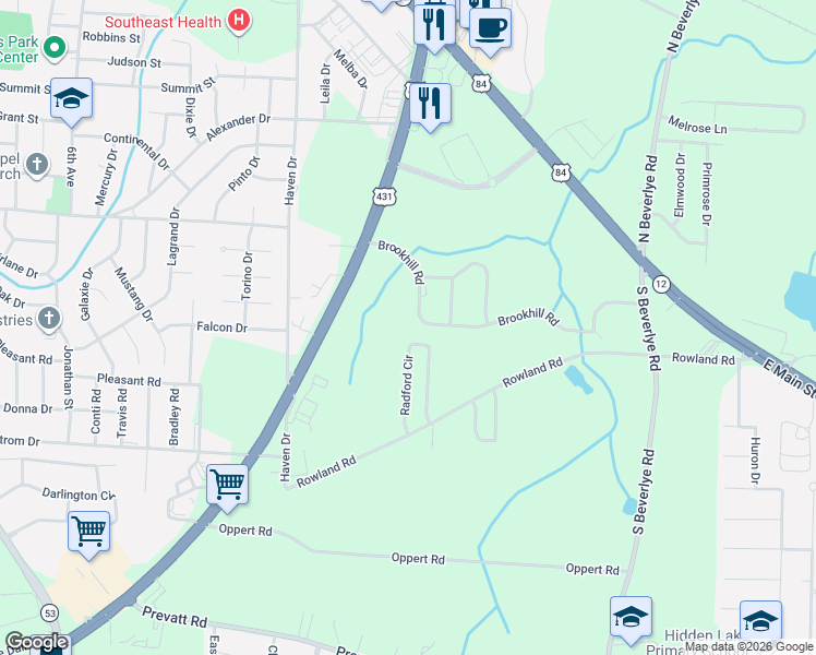 map of restaurants, bars, coffee shops, grocery stores, and more near 2104-2106 Brookhill Road in Dothan