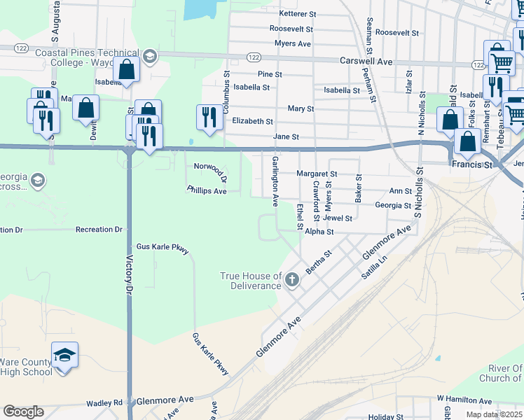 map of restaurants, bars, coffee shops, grocery stores, and more near 133 Garlington Circle in Waycross