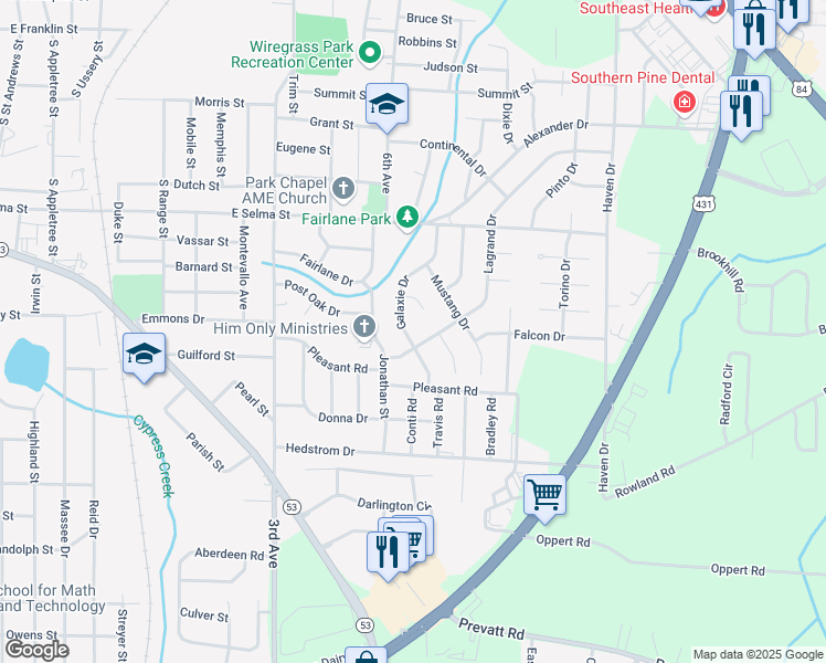 map of restaurants, bars, coffee shops, grocery stores, and more near 1509 Galaxie Drive in Dothan