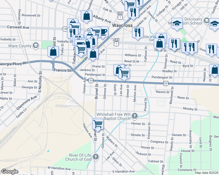 map of restaurants, bars, coffee shops, grocery stores, and more near 406 Reynolds Street in Waycross