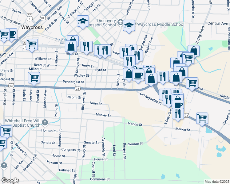 map of restaurants, bars, coffee shops, grocery stores, and more near 1404 South Georgia Parkway East in Waycross