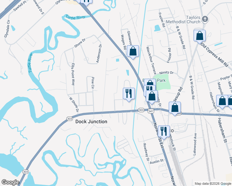 map of restaurants, bars, coffee shops, grocery stores, and more near Lake Drive in Brunswick