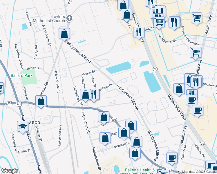 map of restaurants, bars, coffee shops, grocery stores, and more near 117 Sweet Gum Drive in Brunswick