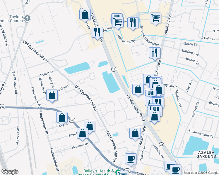 map of restaurants, bars, coffee shops, grocery stores, and more near 500 Coastal Club Circle in Brunswick