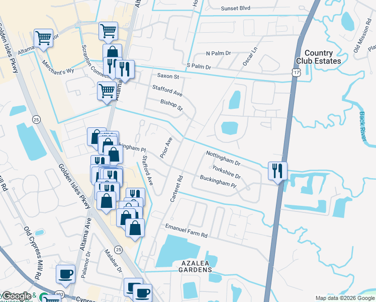 map of restaurants, bars, coffee shops, grocery stores, and more near 527 Carteret Road in Brunswick