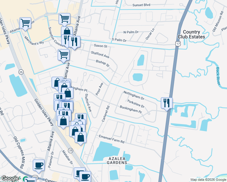map of restaurants, bars, coffee shops, grocery stores, and more near 527 Carteret Road in Brunswick