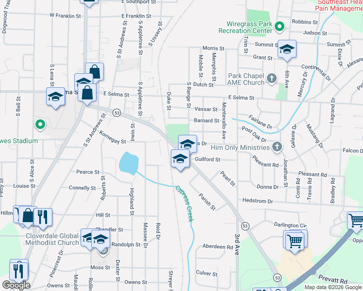 map of restaurants, bars, coffee shops, grocery stores, and more near 124 Emmons Street in Dothan