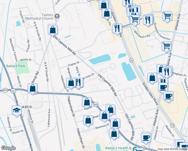 map of restaurants, bars, coffee shops, grocery stores, and more near 117 Sweet Gum Drive in Brunswick