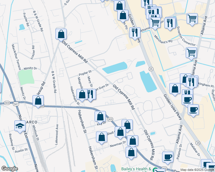 map of restaurants, bars, coffee shops, grocery stores, and more near 117 Sweet Gum Drive in Brunswick