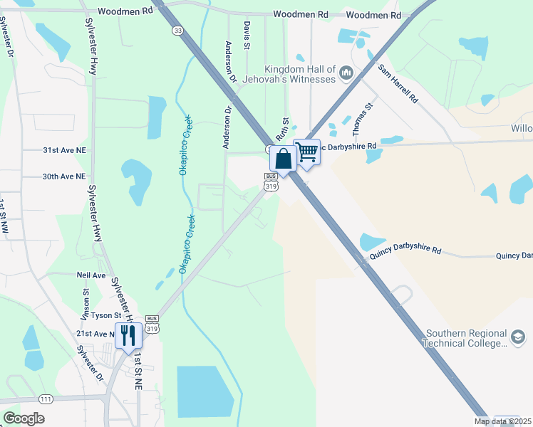 map of restaurants, bars, coffee shops, grocery stores, and more near 466 U.S. 319 in Moultrie