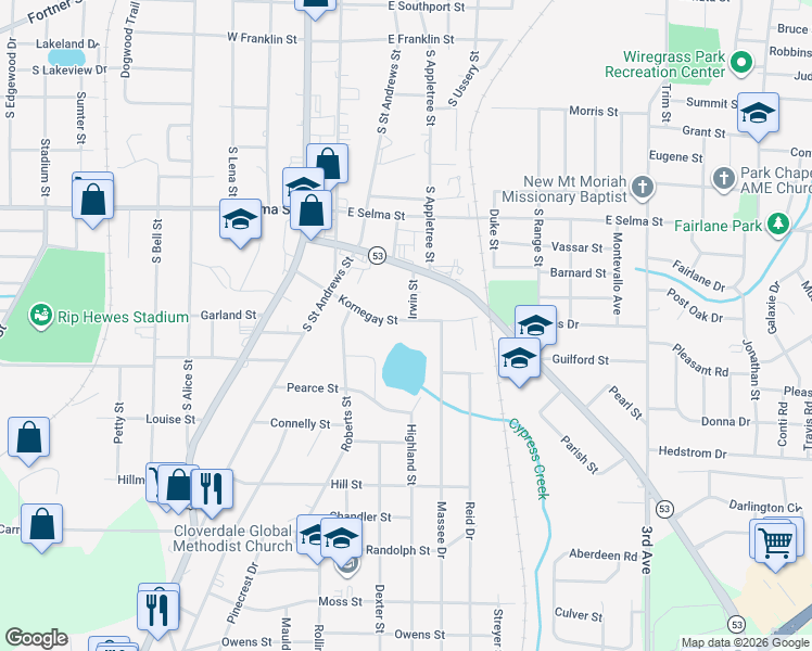 map of restaurants, bars, coffee shops, grocery stores, and more near 326 Kornegay Street in Dothan