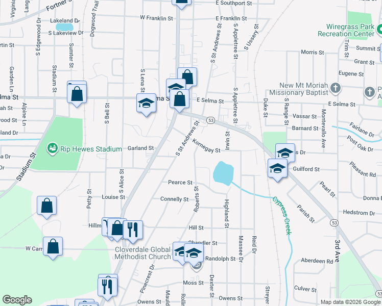 map of restaurants, bars, coffee shops, grocery stores, and more near 102 Roberts Street in Dothan