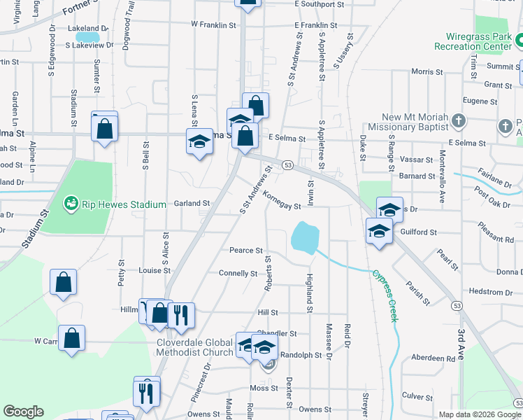 map of restaurants, bars, coffee shops, grocery stores, and more near 102 Roberts Street in Dothan