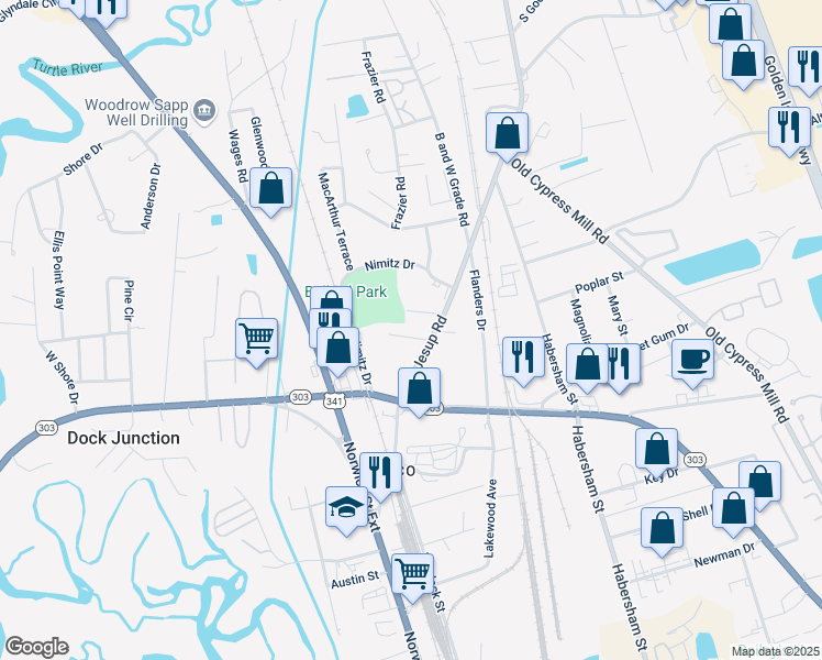 map of restaurants, bars, coffee shops, grocery stores, and more near 133 English Avenue in Brunswick