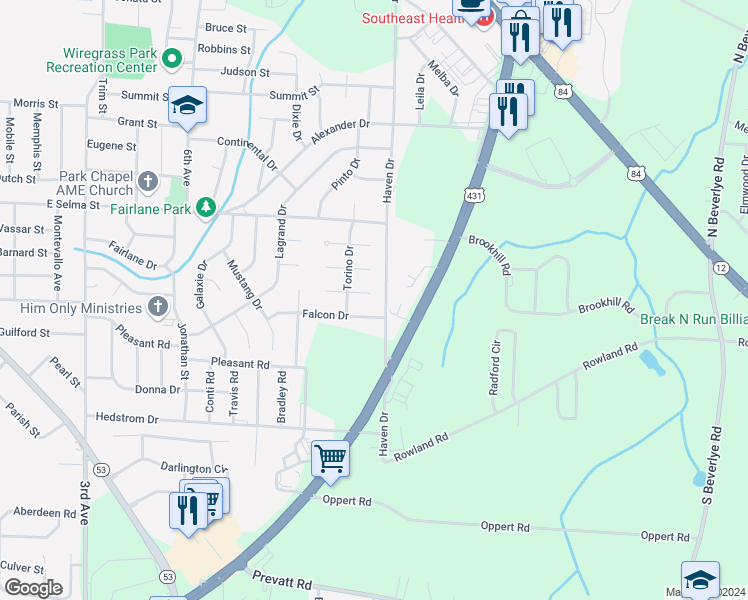 map of restaurants, bars, coffee shops, grocery stores, and more near 1706 Squire Court in Dothan