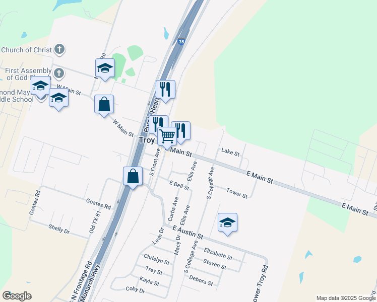 map of restaurants, bars, coffee shops, grocery stores, and more near 302 East Main Street in Troy