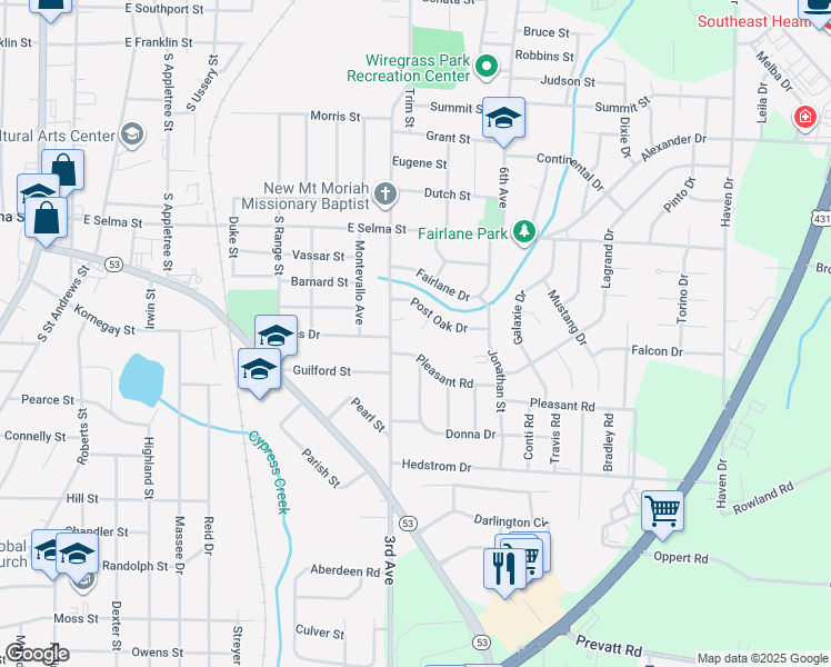 map of restaurants, bars, coffee shops, grocery stores, and more near 106 Whiteoak Circle in Dothan
