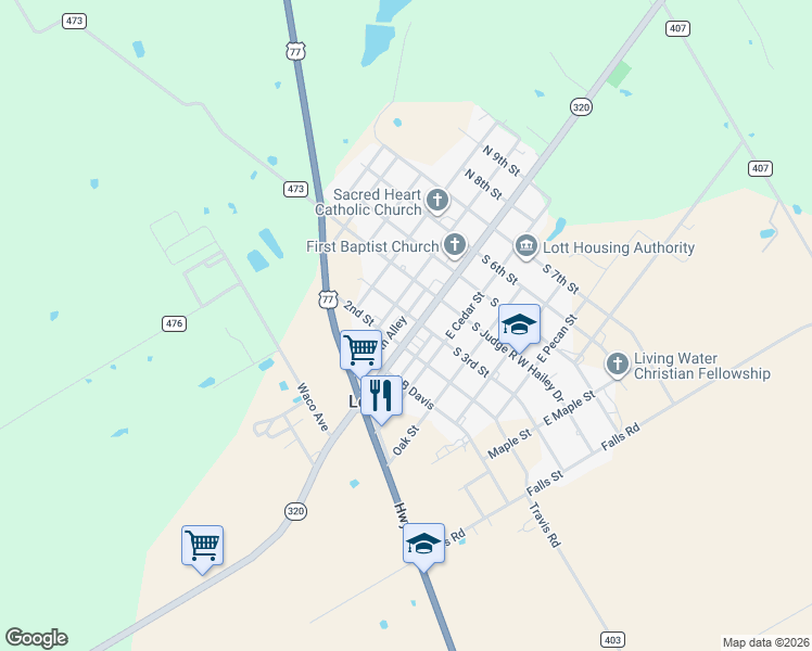 map of restaurants, bars, coffee shops, grocery stores, and more near E North Alley in Lott