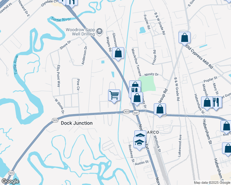 map of restaurants, bars, coffee shops, grocery stores, and more near 309 Speedy Tostensen Boulevard in Brunswick